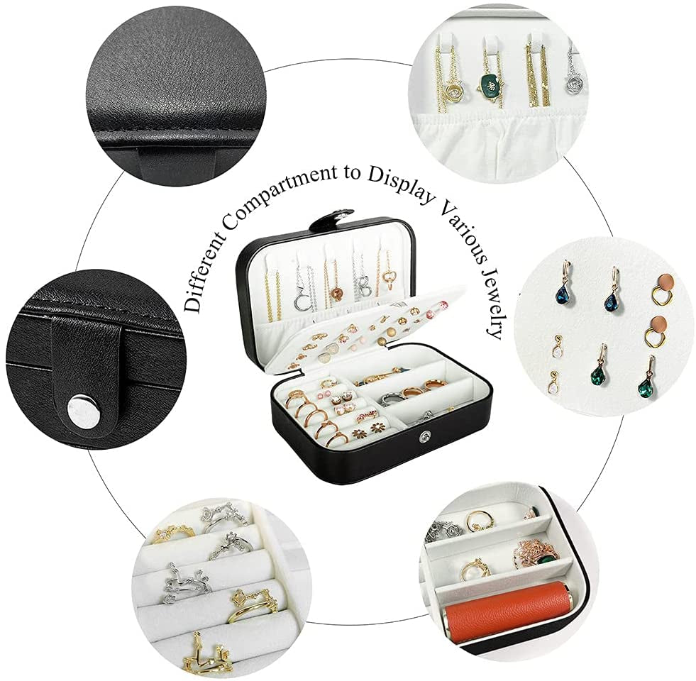 Travel Jewelry Box, PU Leather Small Jewelry Organizer for Women Girls, Double Layer Portable Mini Travel Case Display Storage Holder Boxes for Stud Earrings, Rings, Necklaces, Bracelets - Black
