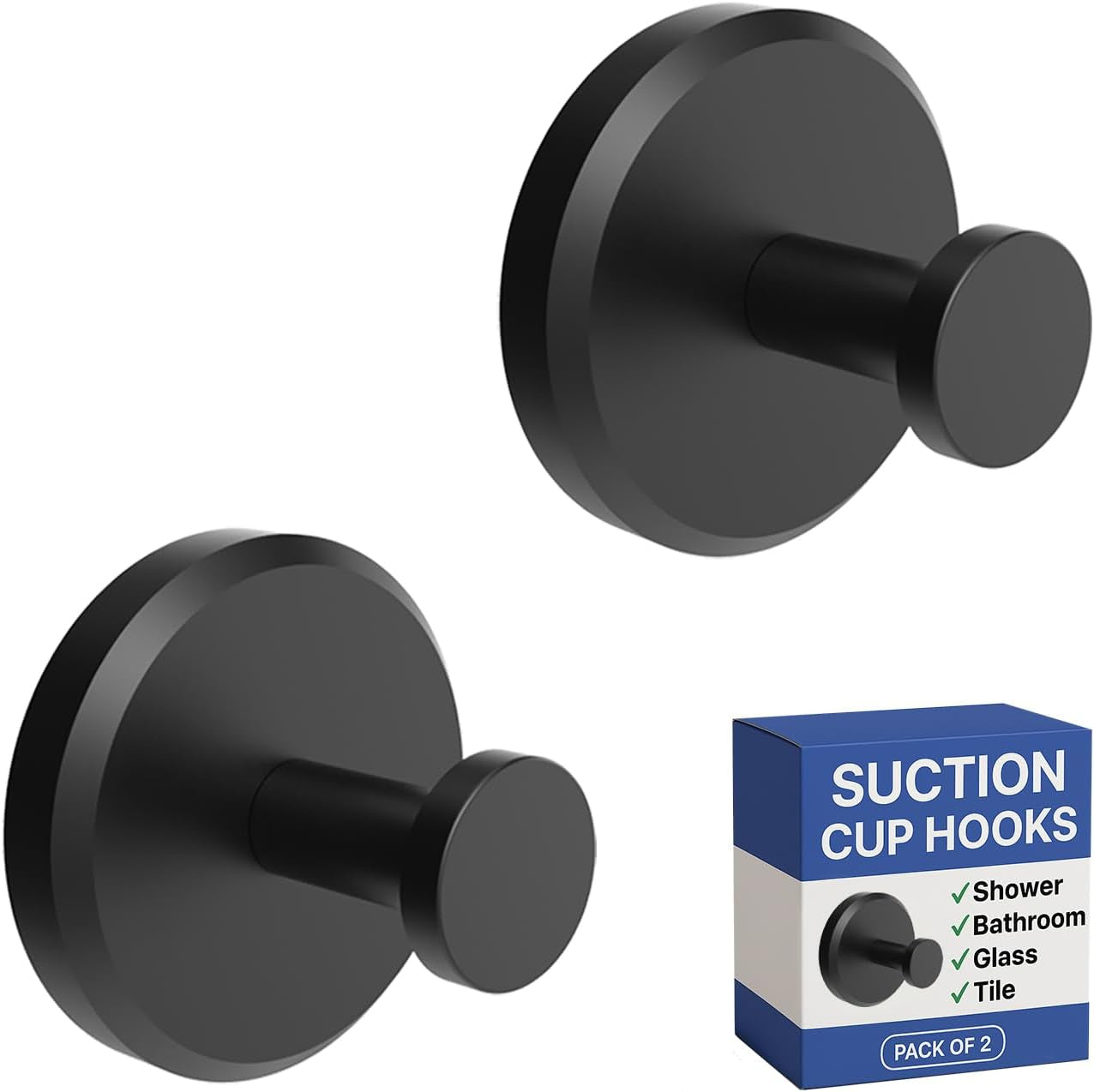 Suction Cup Hooks for Shower, Bathroom, Kitchen, Glass Door, Mirror, Tile – Loofah, Towel, Coat, Bath Robe Hook Holder for Hanging up to 15 Lbs – Waterproof, Dark, Matte Black (2-Pack)