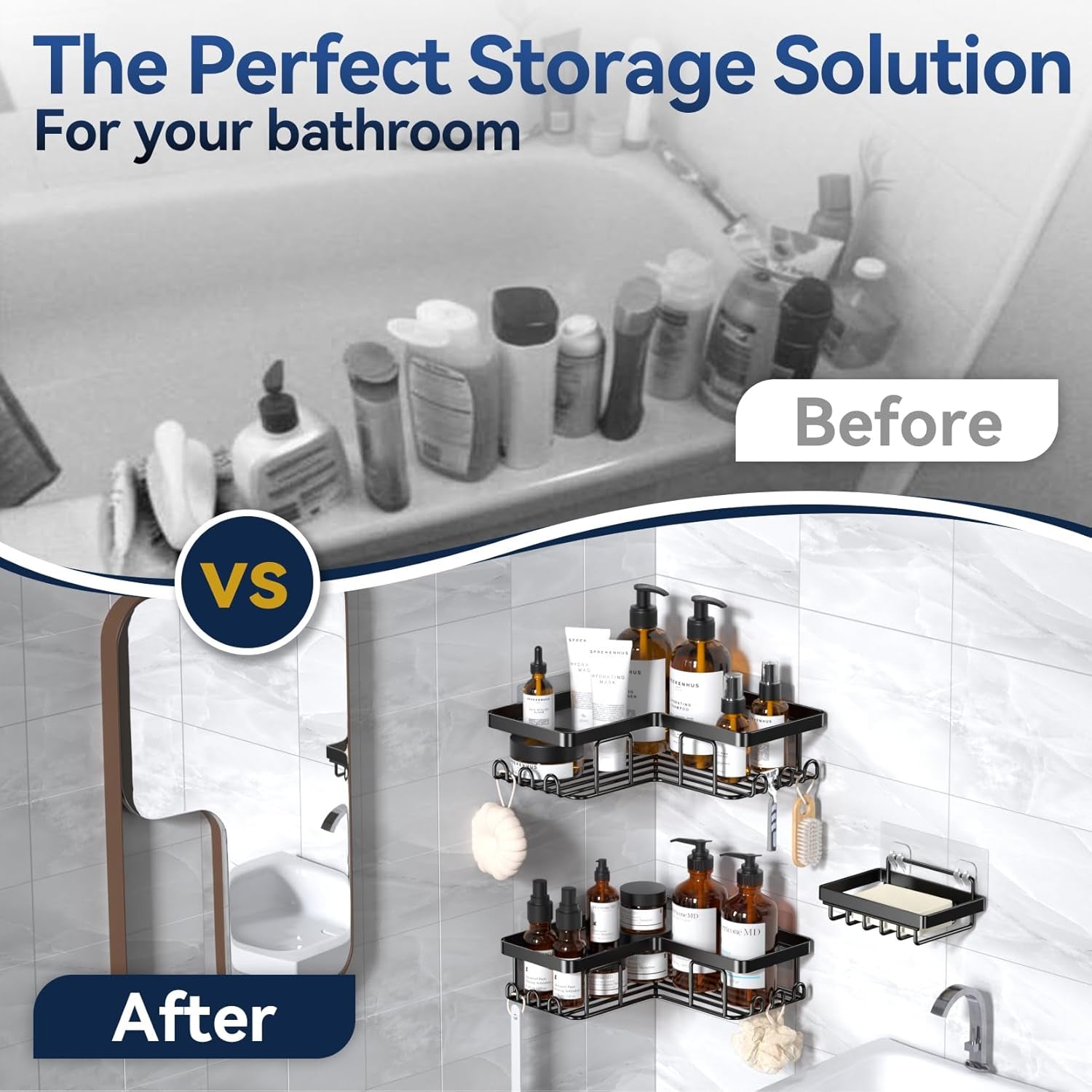 Corner Adhesive Shower Caddy, with Soap Holder and 12 Hooks, Rustproof Stainless Steel Bathroom Organizer, No Drilling Wall Mounted Rack, Black, 3-Pack