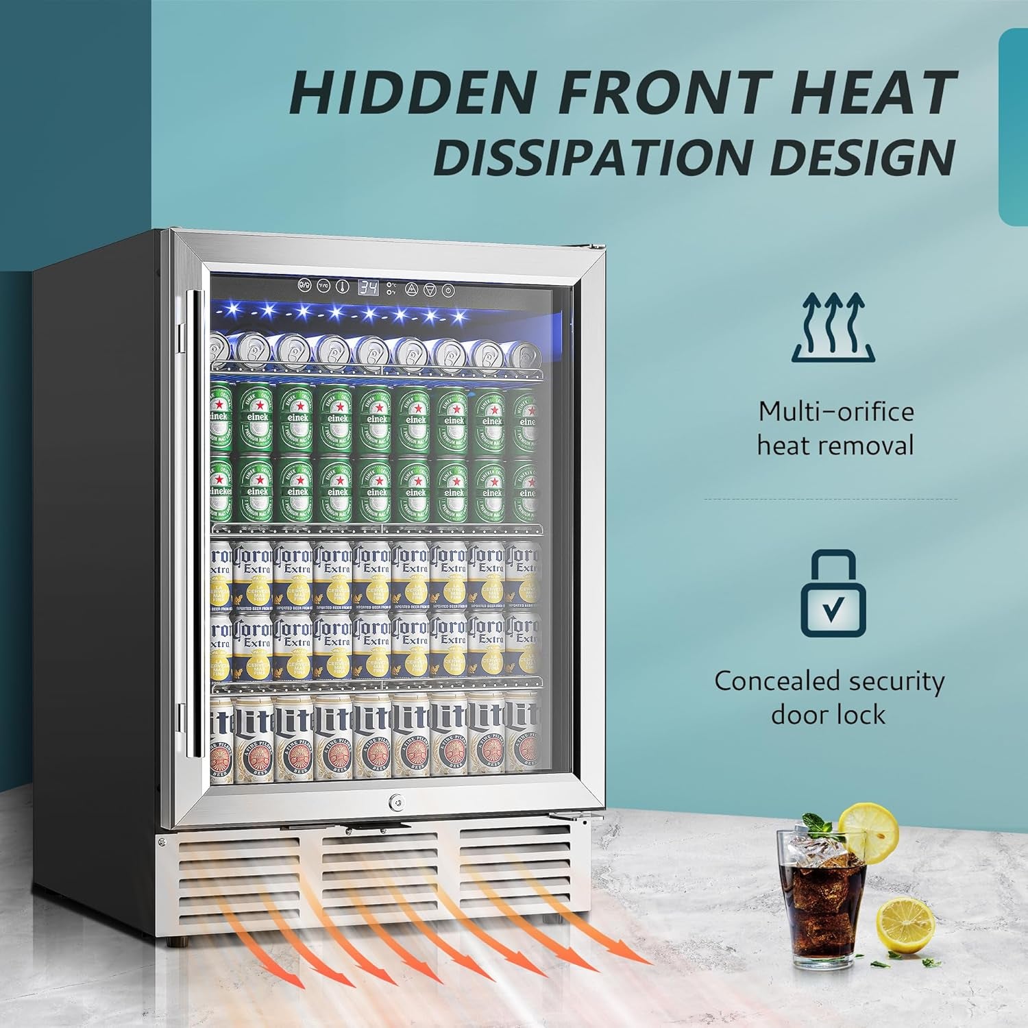 24 Inch Beverage Refrigerator, 180 Can Built-In Beverage Cooler, under Counter Beer Fridge with Glass Door for Soda, Water, Wine - for Kitchen, Bar or Office