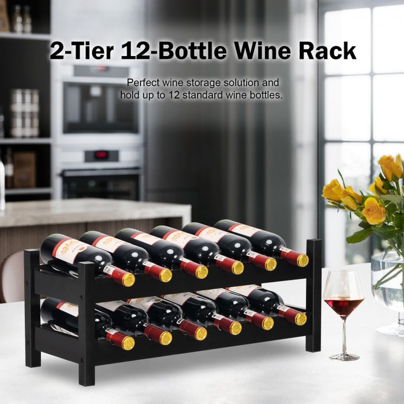 12 Bottles 2-Tier Bamboo Storage Shelf Wine Rack