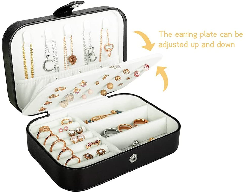 Travel Jewelry Box, PU Leather Small Jewelry Organizer for Women Girls, Double Layer Portable Mini Travel Case Display Storage Holder Boxes for Stud Earrings, Rings, Necklaces, Bracelets - Black