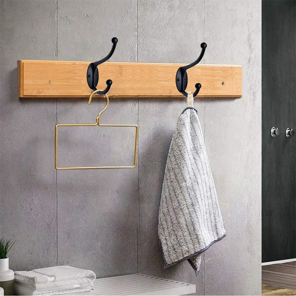 Wall Hooks,10Pcs Coat Hooks Hardware Towel Hooks for Hanging Coats Double No Rust Black Robe Hooks Wall Mounted with Screws for Key, Towel, Bags, Cup, Hat