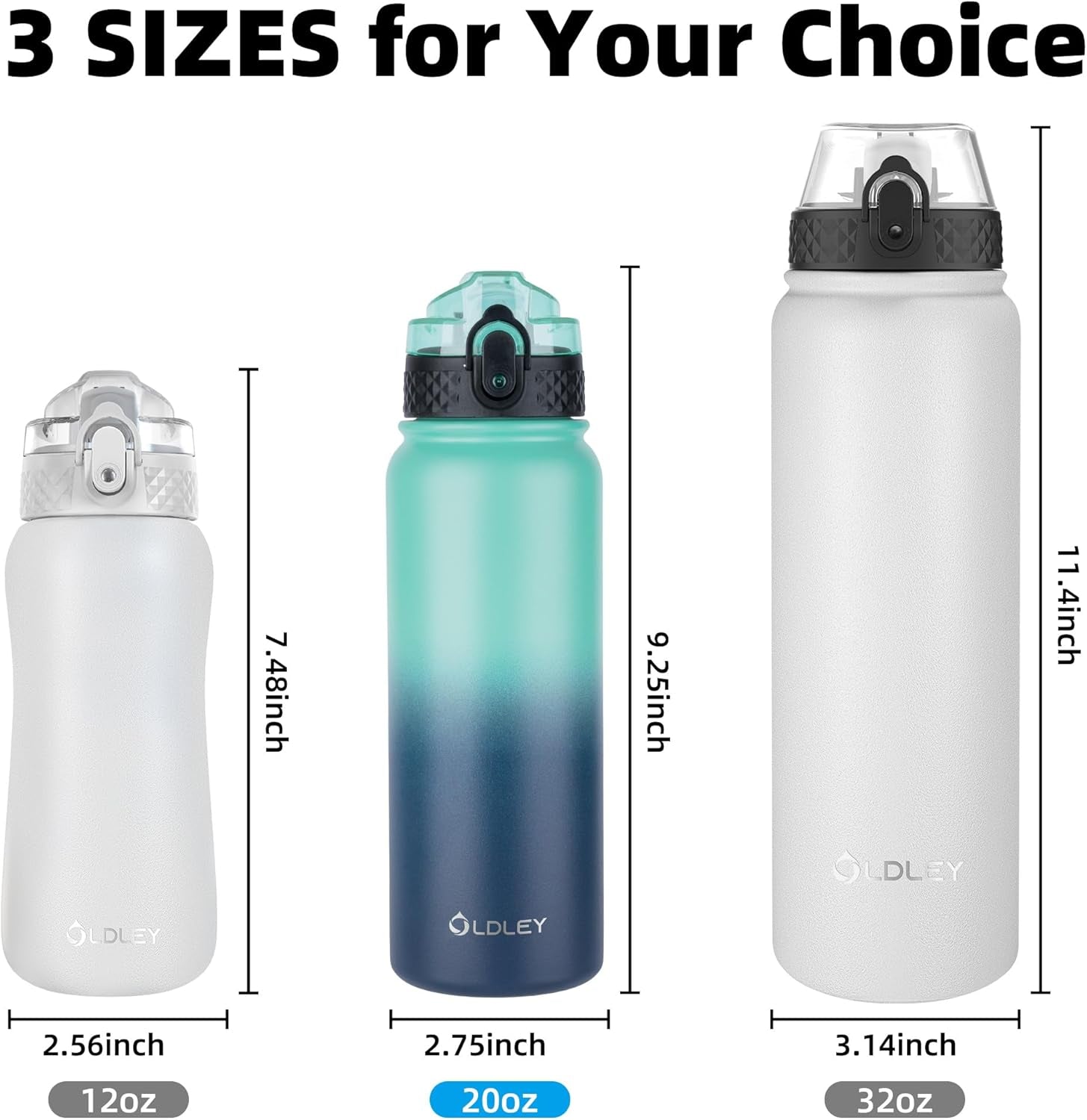 Insulated Water Bottle 20Oz for Adults Kids Stainless Steel Water Bottles with Straw/Chug/Carabiner 3 Lids Fruit Strainer Double Wall Vacuum Wide Mouth BPA Free Leak-Proof for School Travel