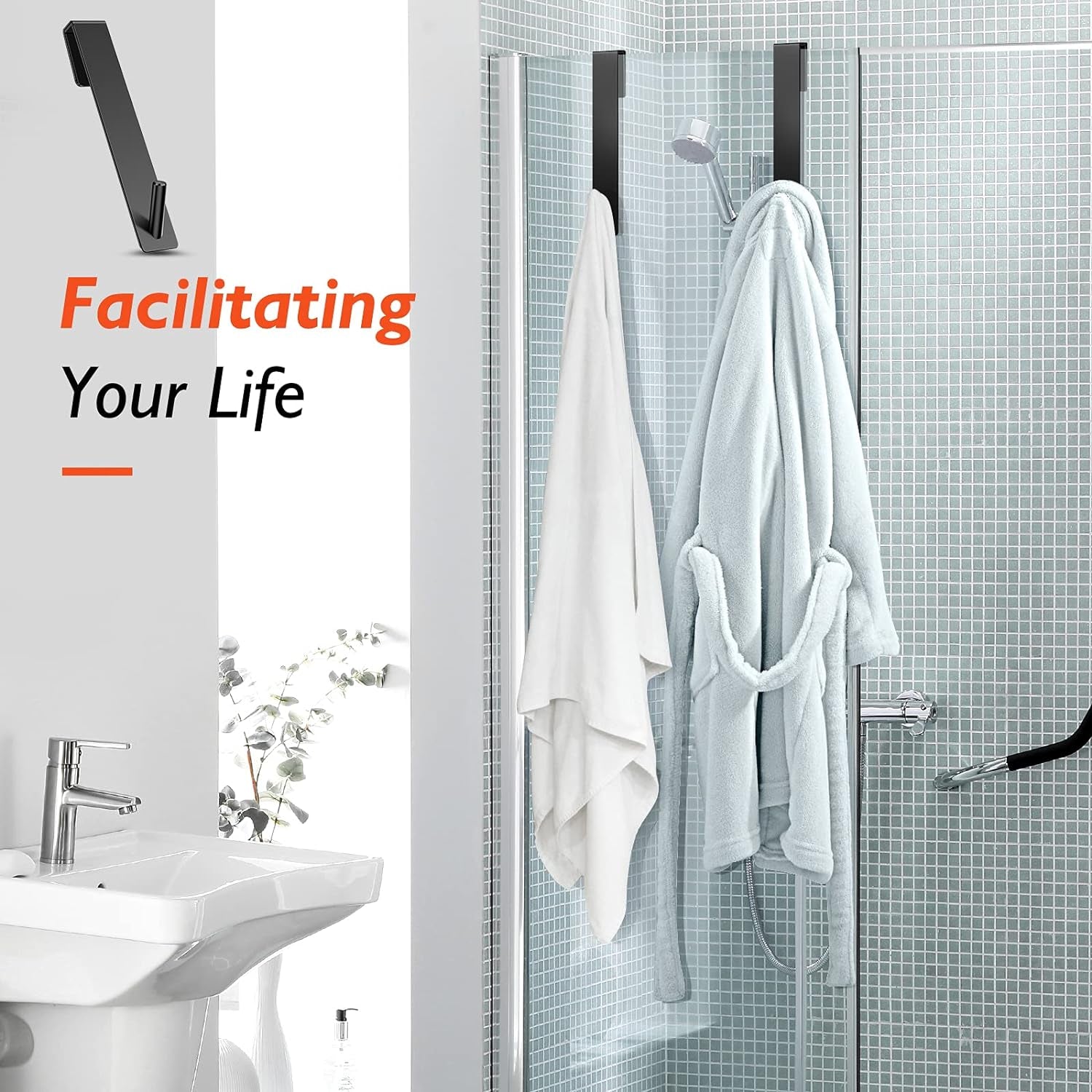 Shower Door Hooks(7.5 Inch),Extended over Door Hooks for Bathroom Frameless Glass,Stainless Steel Towel Hooks,Heavy Duty Rack Hooks for Robe,Towel-2 Pack, Black