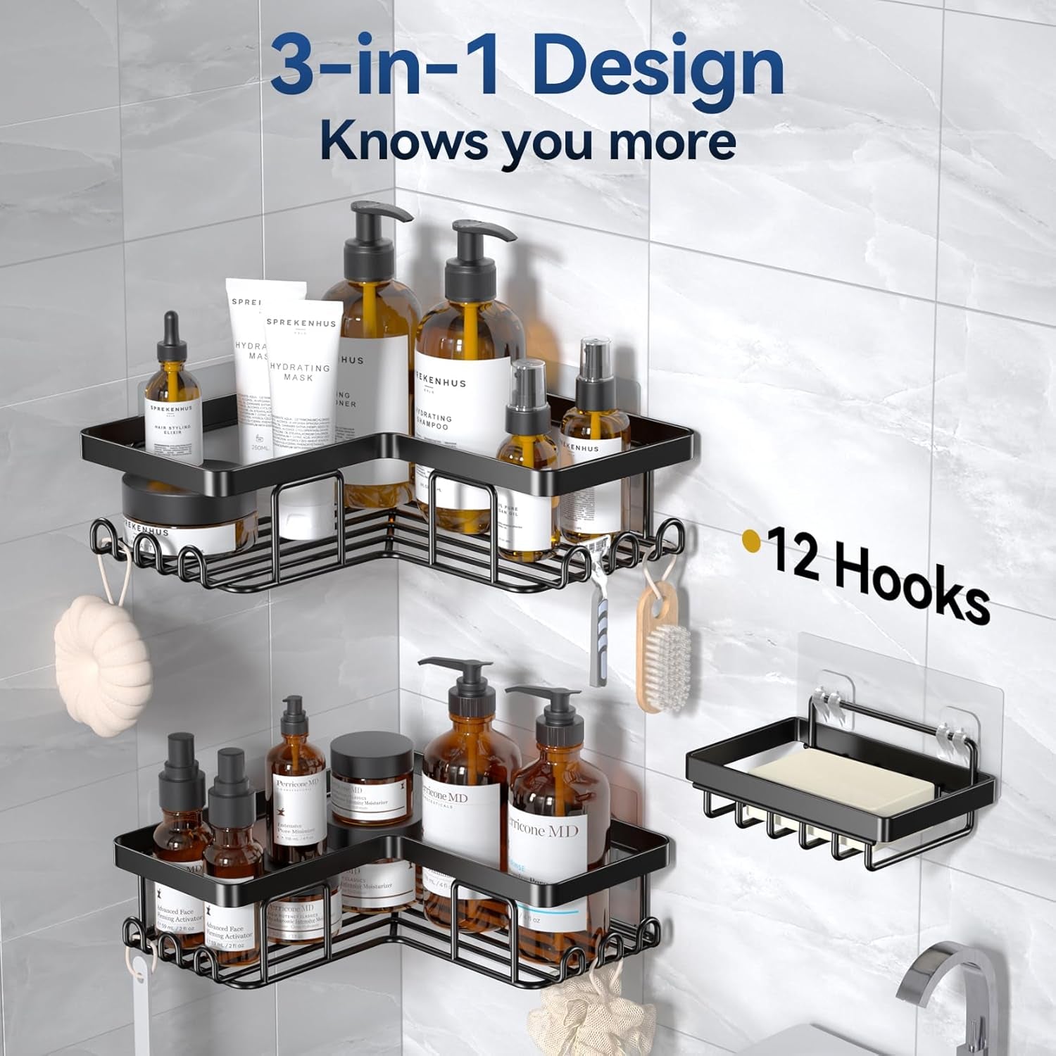 Corner Adhesive Shower Caddy, with Soap Holder and 12 Hooks, Rustproof Stainless Steel Bathroom Organizer, No Drilling Wall Mounted Rack, Black, 3-Pack