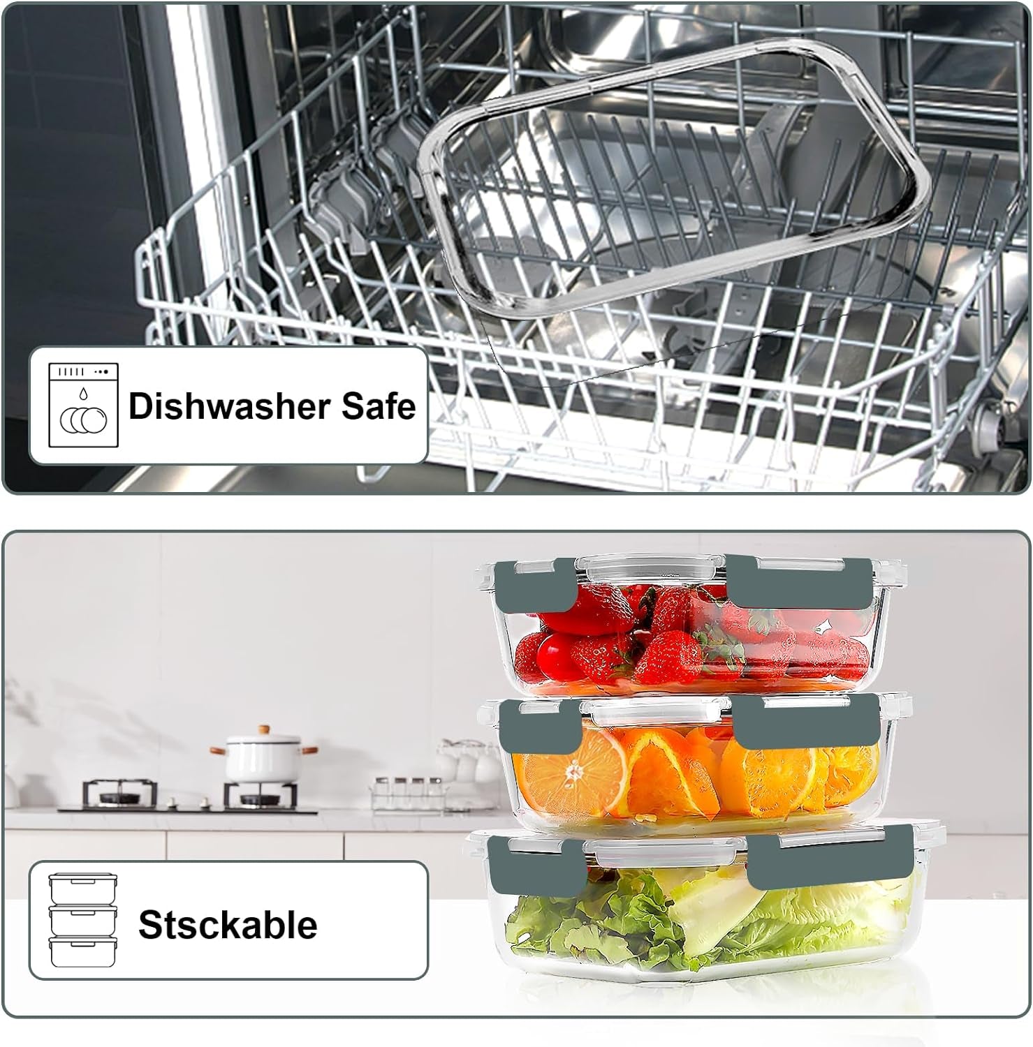 10 Pack Glass Meal Prep Containers, Airtight Glass Lunch Containers, Stackable Glass Food Storage Containers Set with Lids,Exclusive of Bpa,For Microwave, Oven, Freezer & Dishwasher,Grey