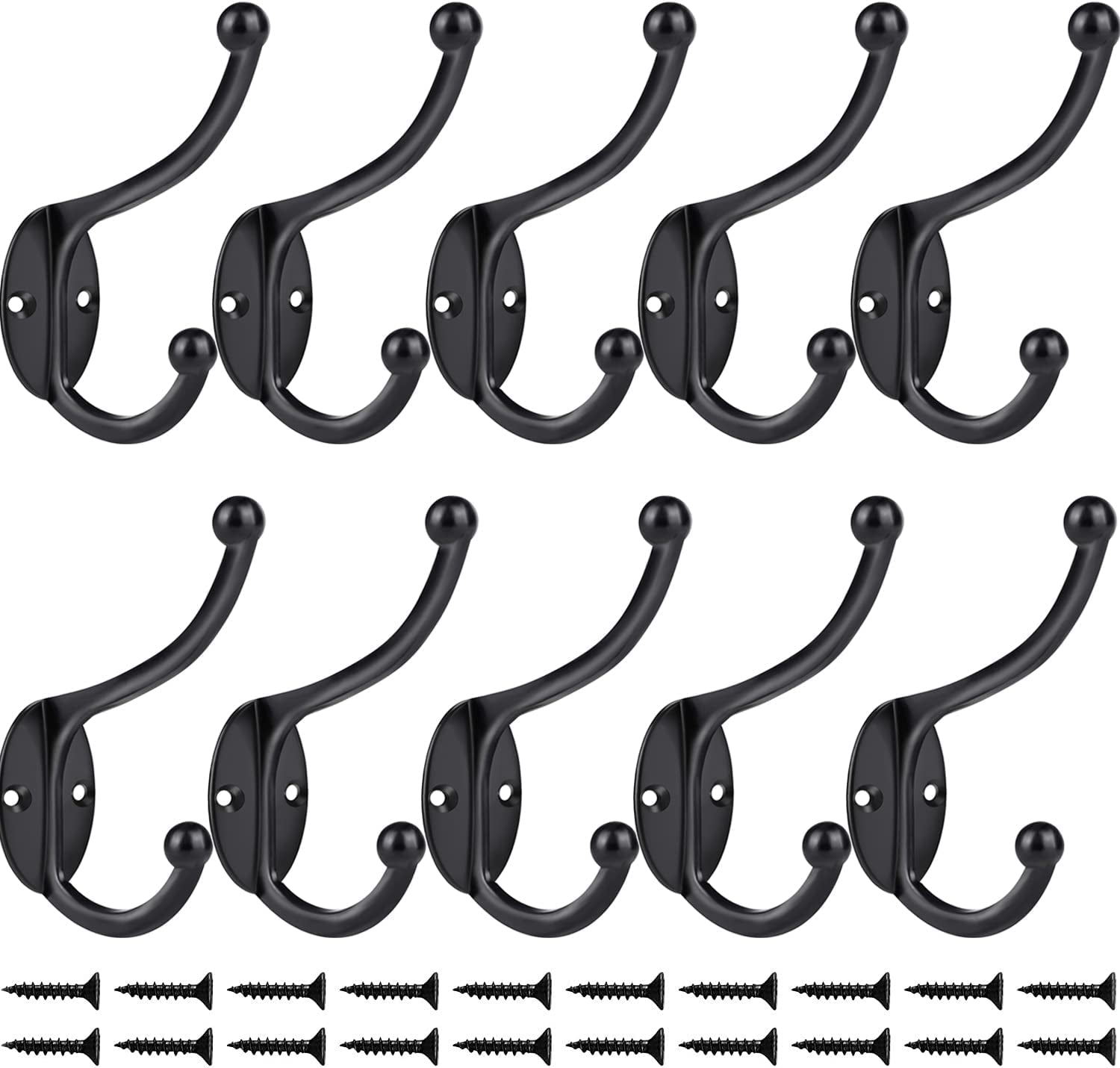 Wall Hooks,10Pcs Coat Hooks Hardware Towel Hooks for Hanging Coats Double No Rust Black Robe Hooks Wall Mounted with Screws for Key, Towel, Bags, Cup, Hat