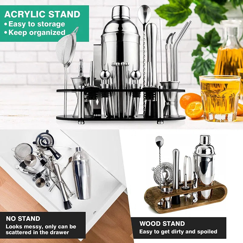 25 Piece Stainless Steel Cocktail Shaker Bar Tool Set with Stand