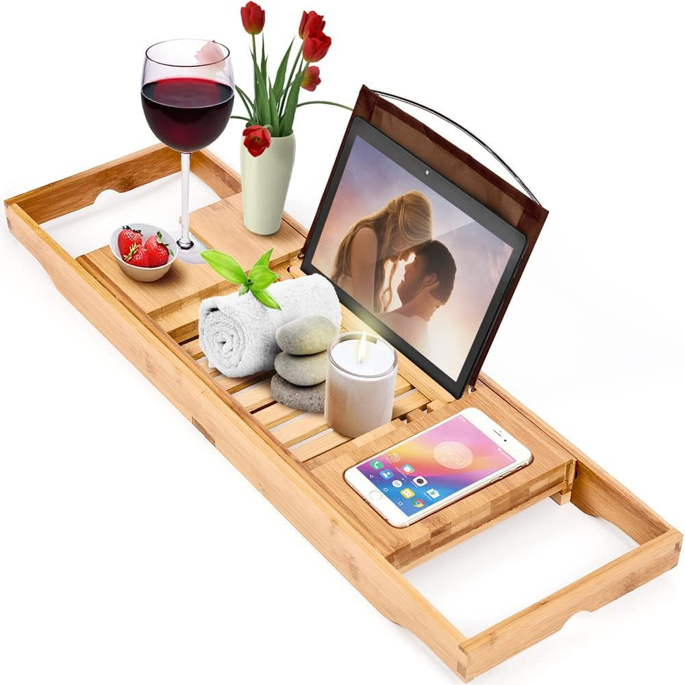 Bamboo Bathtub Tray - Expandable Bathroom Bathtub Table Tray with Reading Rack or Tablet Holder - Bath Tray with Wine Glass Holder, Bathroom Caddy, Fits All Bathtubs (Natural Bamboo)