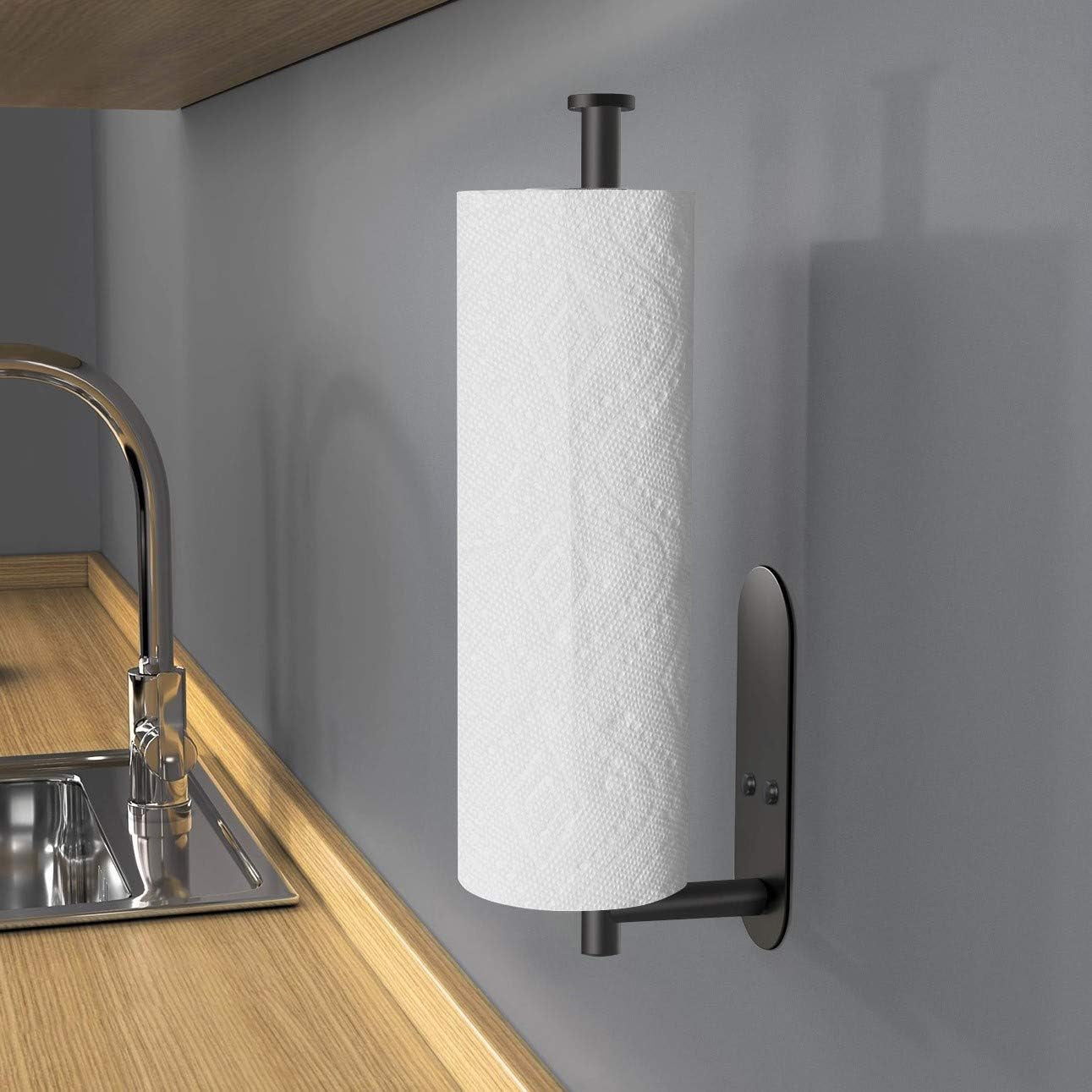 Adhesive Paper Towel Holder under Cabinet Wall Mount for Kitchen Paper Towel, Black Paper Towel Roll Holder Stick to Wall, SUS304 Stainless Steel（Black）