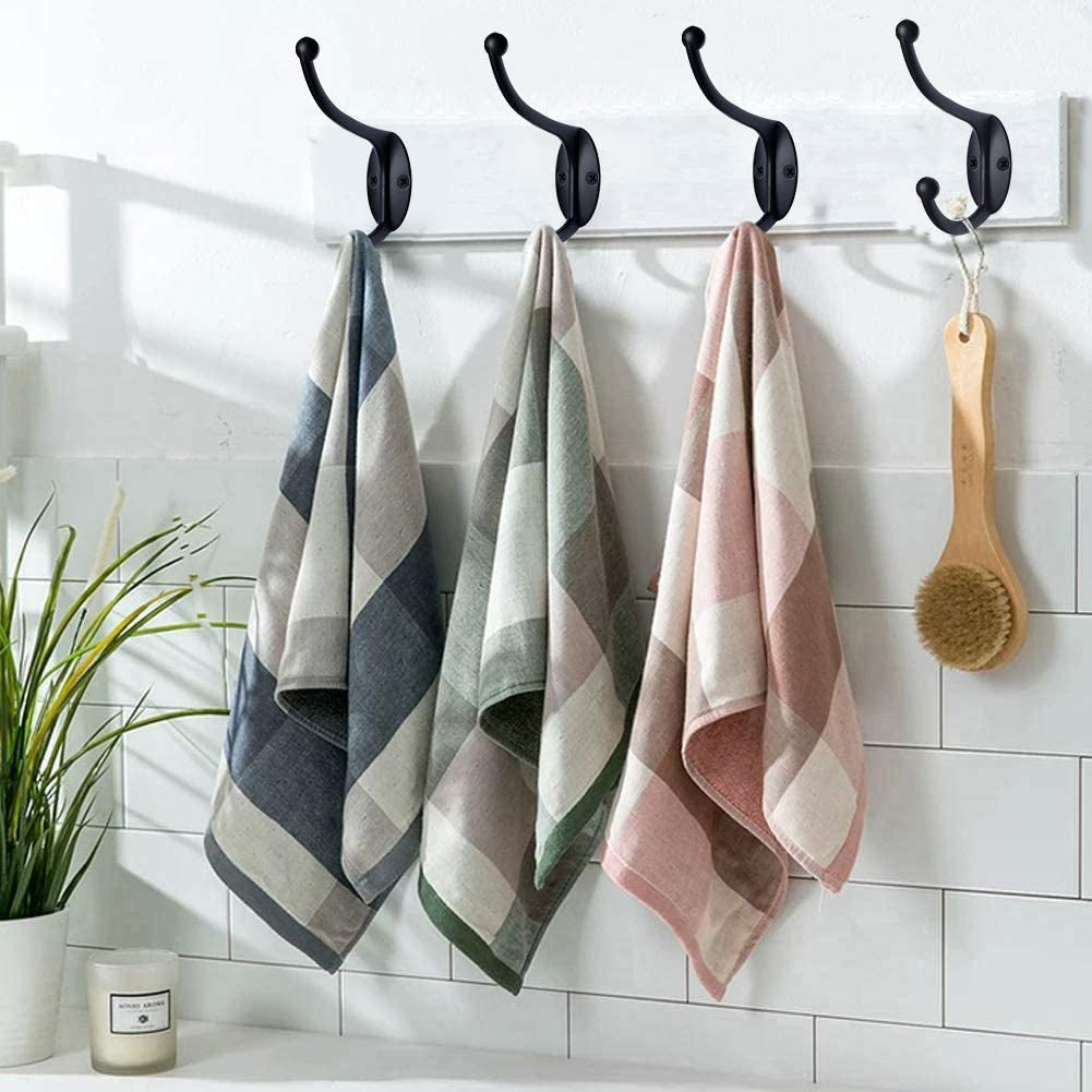 Wall Hooks,10Pcs Coat Hooks Hardware Towel Hooks for Hanging Coats Double No Rust Black Robe Hooks Wall Mounted with Screws for Key, Towel, Bags, Cup, Hat