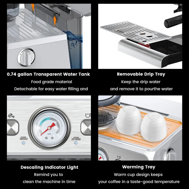 Elite Espresso Machines with Milk Frother Steam Wand, Coffee Grinder & Self-Cleaning