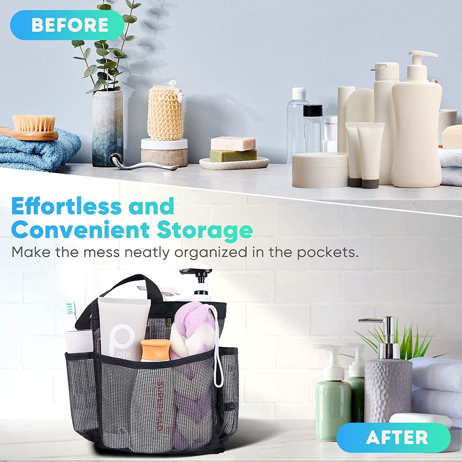 Mesh Shower Caddy Portable for College Dorm Room Essentials, 8-Pocket Large Capacity Shower Bag for Beach, Swimming, Gym