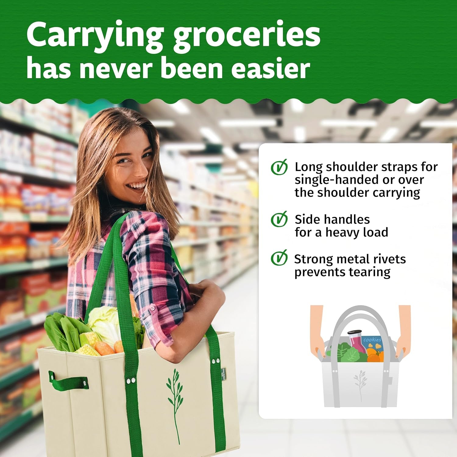 Green Bulldog Reusable Grocery Bags - Heavy Duty Reusable Shopping Tote Bags W/Long Handles, Foldable & Collapsible, Holds up to 65 Lbs - for Kitchen, Picnic 3 Pack