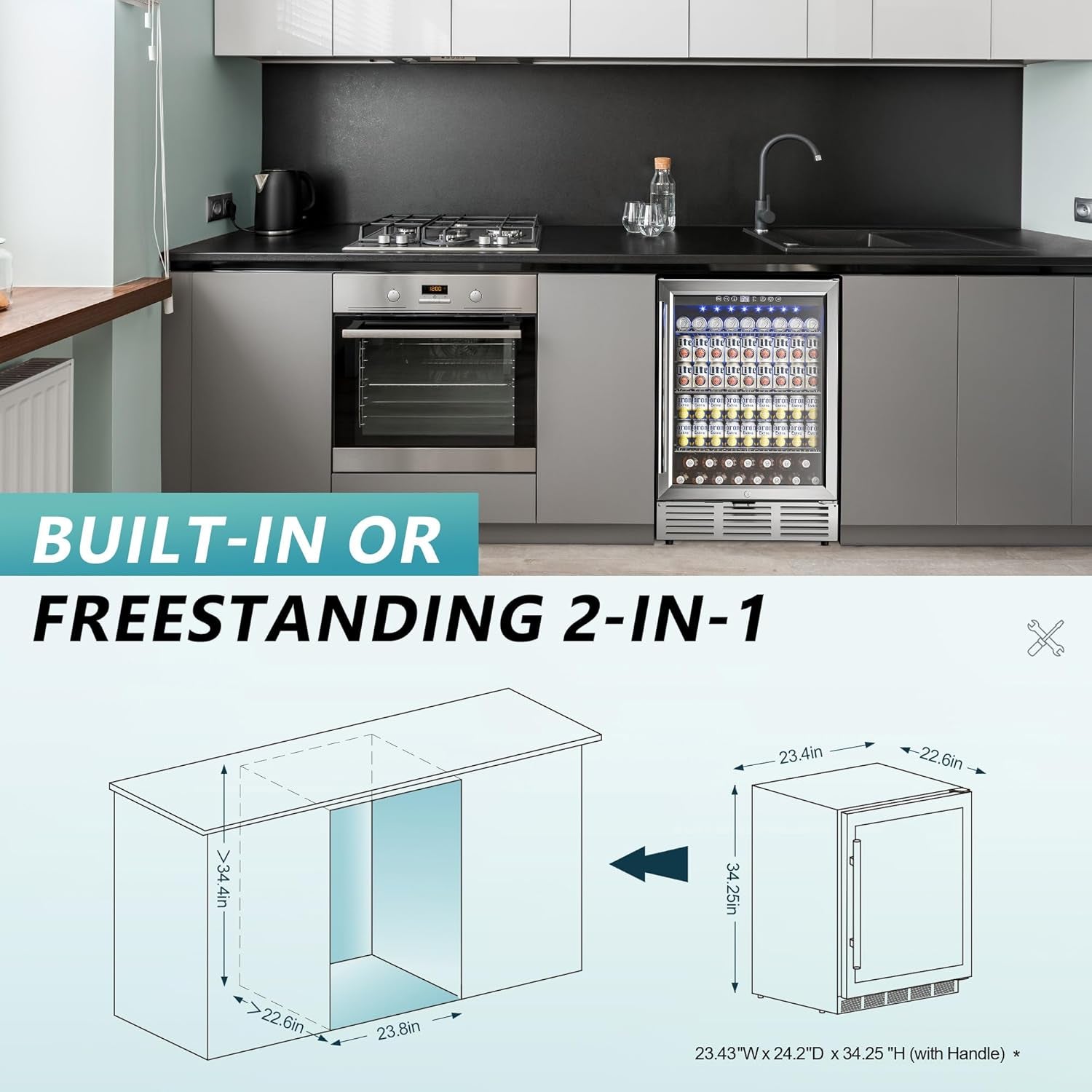 24 Inch Beverage Refrigerator, 180 Can Built-In Beverage Cooler, under Counter Beer Fridge with Glass Door for Soda, Water, Wine - for Kitchen, Bar or Office
