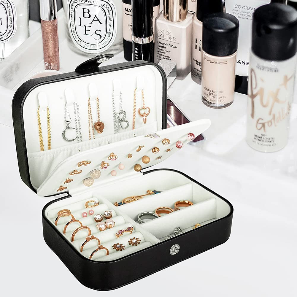 Travel Jewelry Box, PU Leather Small Jewelry Organizer for Women Girls, Double Layer Portable Mini Travel Case Display Storage Holder Boxes for Stud Earrings, Rings, Necklaces, Bracelets - Black