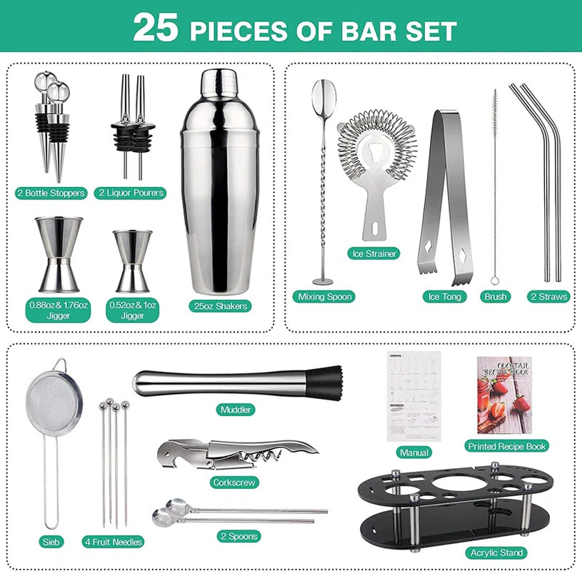 25 Piece Stainless Steel Cocktail Shaker Bar Tool Set with Stand
