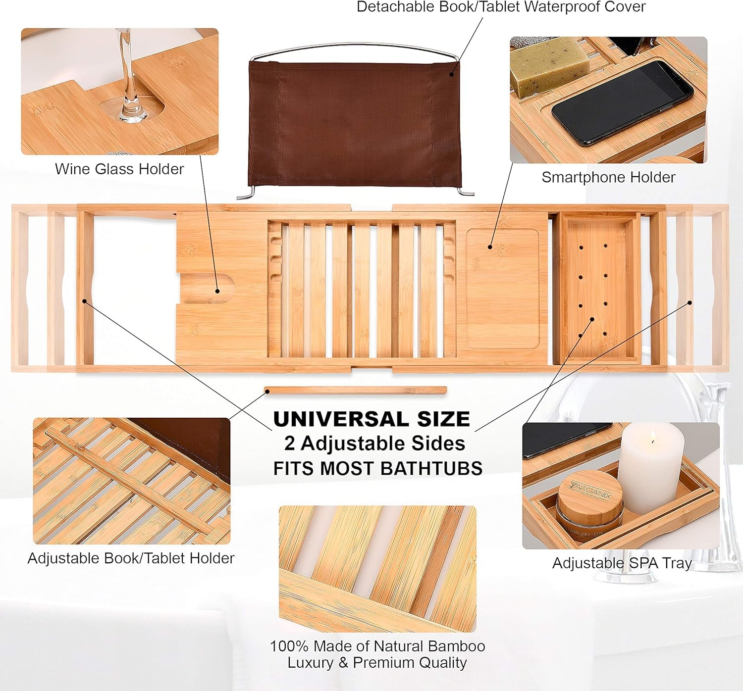 Bamboo Bathtub Tray - Expandable Bathroom Bathtub Table Tray with Reading Rack or Tablet Holder - Bath Tray with Wine Glass Holder, Bathroom Caddy, Fits All Bathtubs (Natural Bamboo)