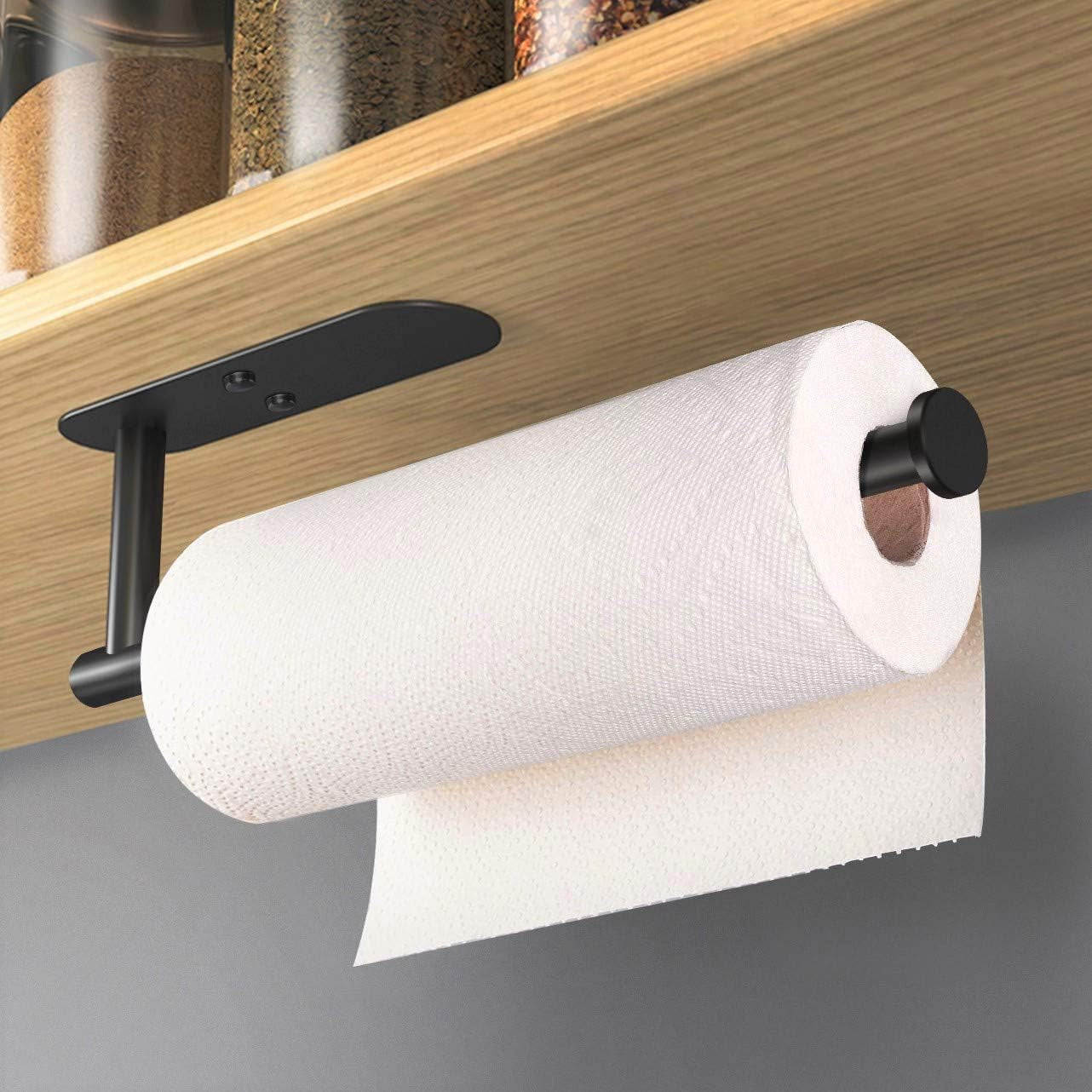 Adhesive Paper Towel Holder under Cabinet Wall Mount for Kitchen Paper Towel, Black Paper Towel Roll Holder Stick to Wall, SUS304 Stainless Steel（Black）