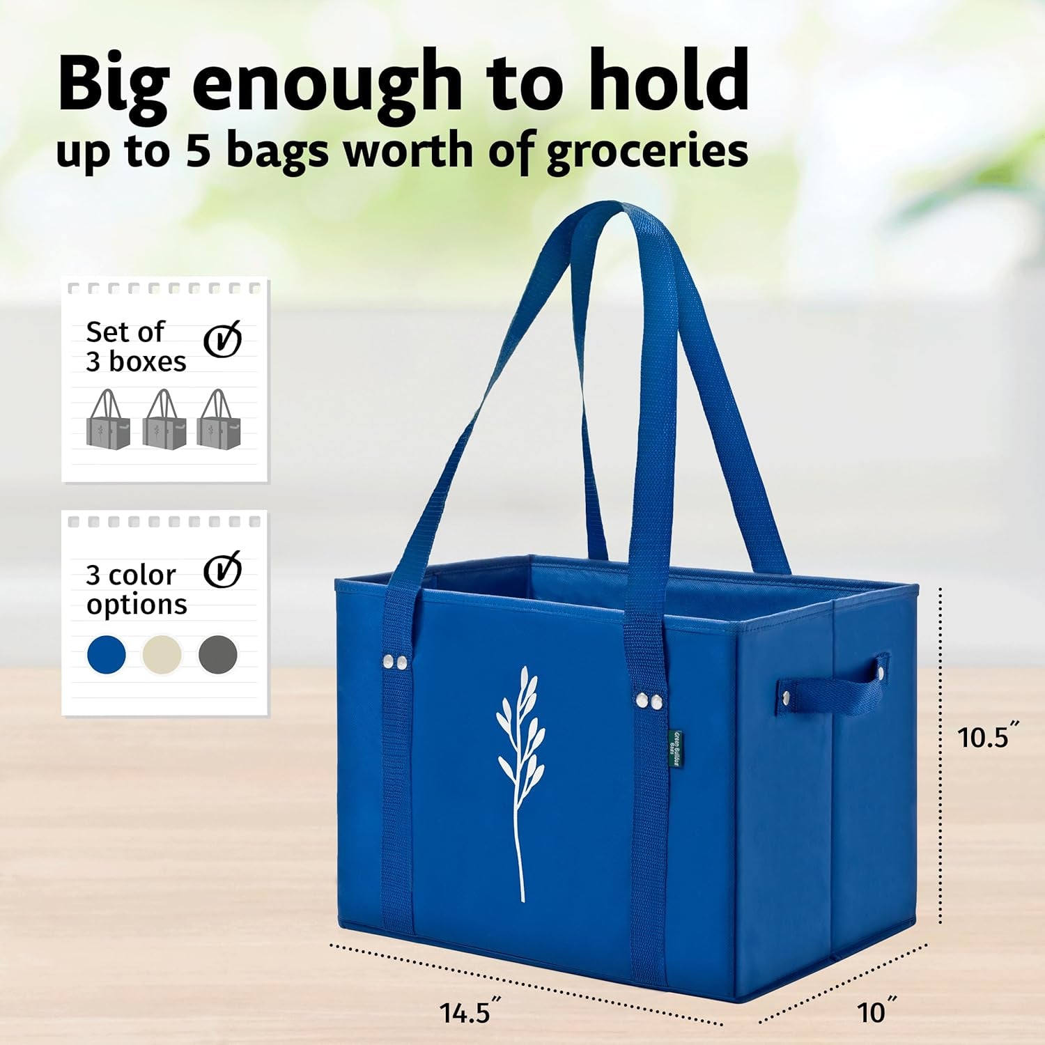 Green Bulldog Reusable Grocery Bags - Heavy Duty Reusable Shopping Tote Bags W/Long Handles, Foldable & Collapsible, Holds up to 65 Lbs - for Kitchen, Picnic 3 Pack