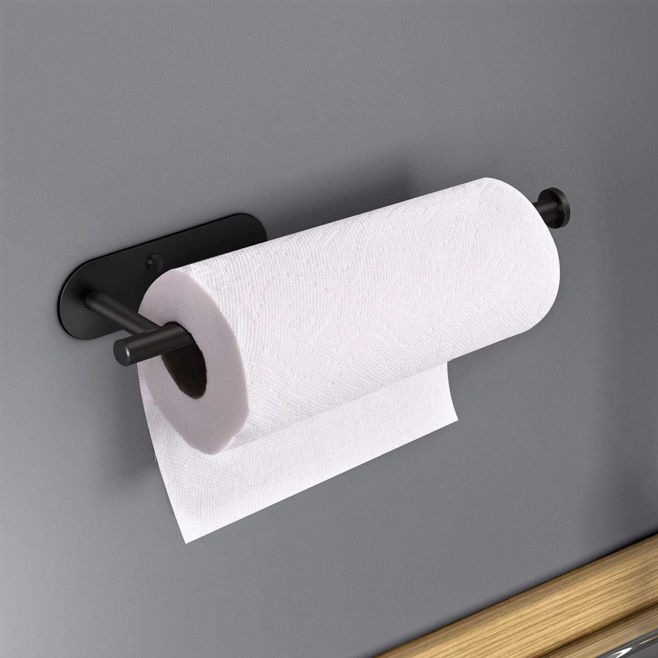 Adhesive Paper Towel Holder under Cabinet Wall Mount for Kitchen Paper Towel, Black Paper Towel Roll Holder Stick to Wall, SUS304 Stainless Steel（Black）