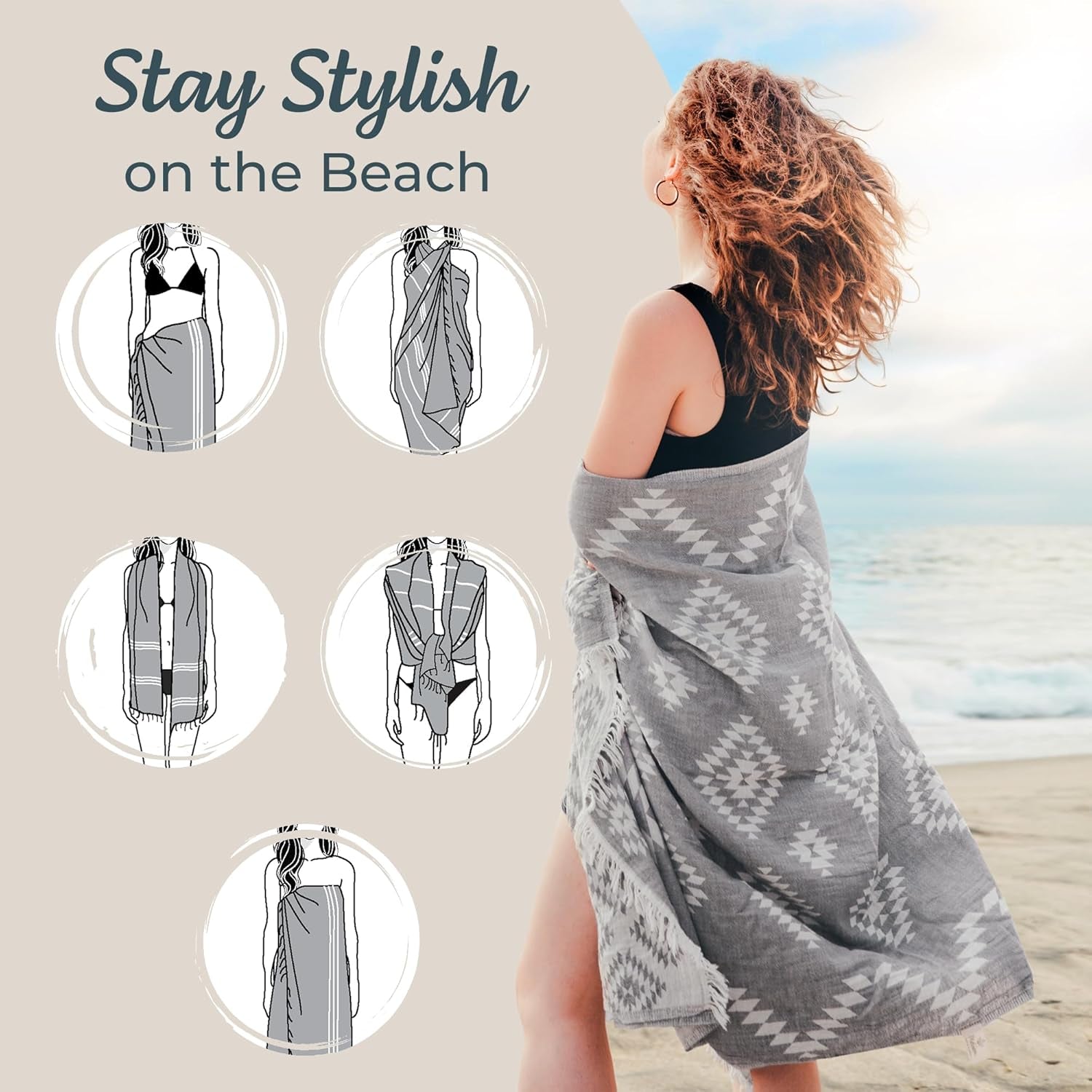 Premium Turkish Beach Towel – 35"X67" Lightweight Quick Dry Towel – 100% Cotton Sand-Free Turkish Towels – Ocean Light Grey