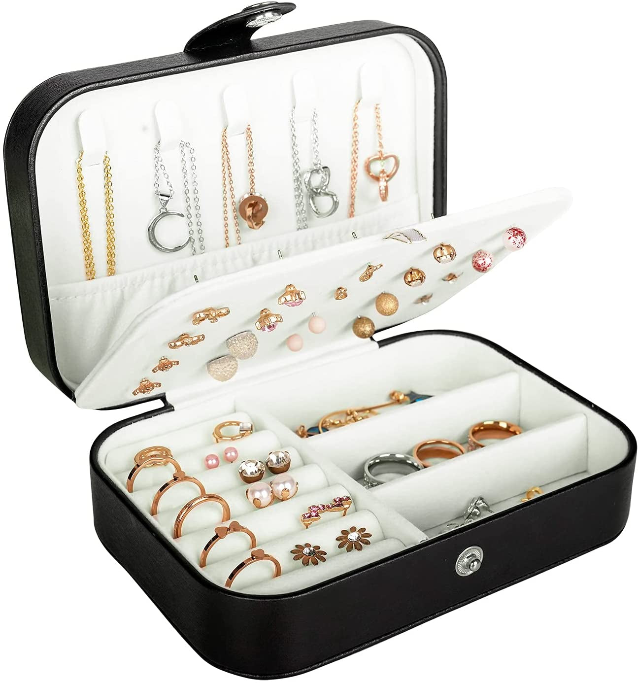 Travel Jewelry Box, PU Leather Small Jewelry Organizer for Women Girls, Double Layer Portable Mini Travel Case Display Storage Holder Boxes for Stud Earrings, Rings, Necklaces, Bracelets - Black