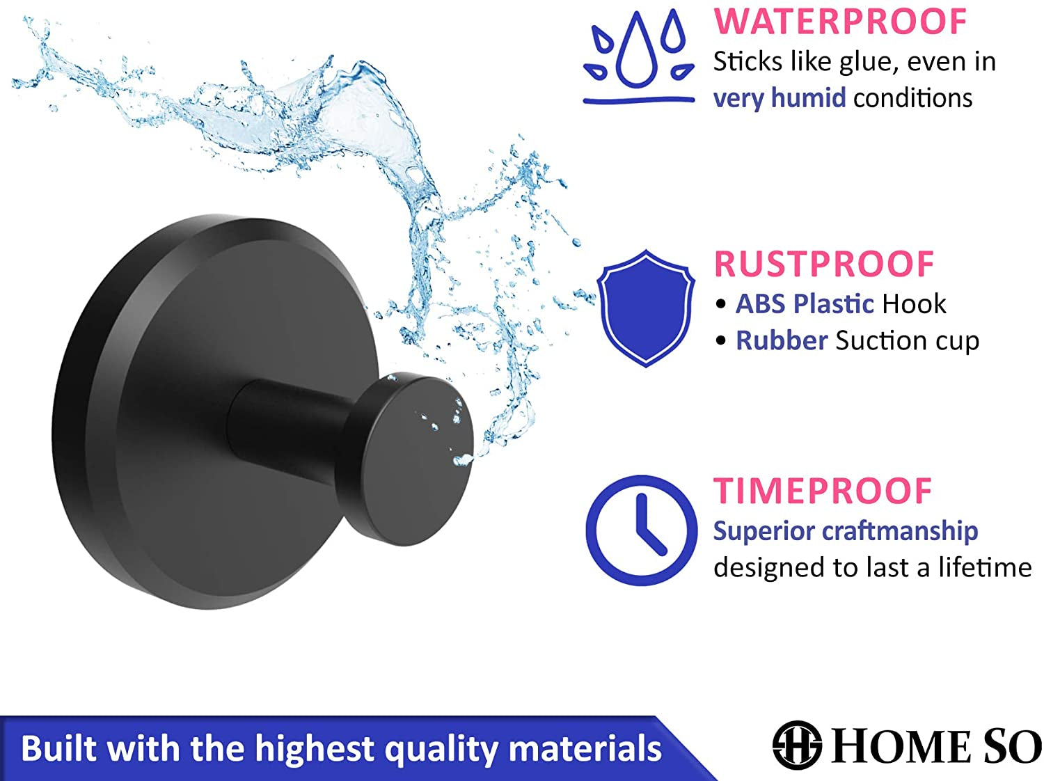 Suction Cup Hooks for Shower, Bathroom, Kitchen, Glass Door, Mirror, Tile – Loofah, Towel, Coat, Bath Robe Hook Holder for Hanging up to 15 Lbs – Waterproof, Dark, Matte Black (2-Pack)