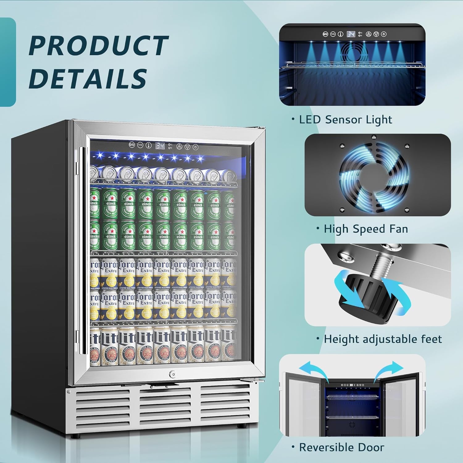 24 Inch Beverage Refrigerator, 180 Can Built-In Beverage Cooler, under Counter Beer Fridge with Glass Door for Soda, Water, Wine - for Kitchen, Bar or Office