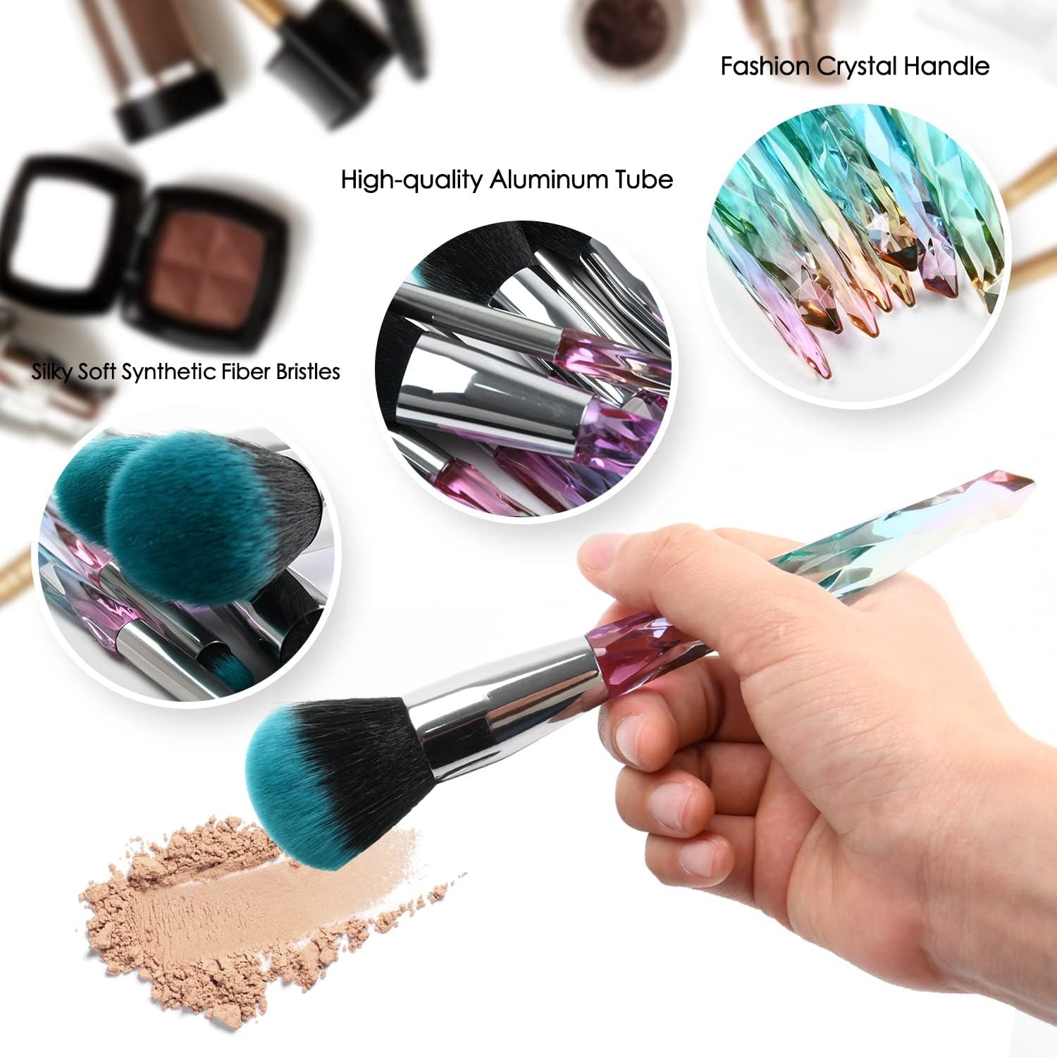 (Blue) - Makeup Brushes Crystal Handle Set,  10 PCS Crystal Transparent Handle Kabuki Powder Foundation Brush Concealer Eye Shadow Eyeliner Eyebrow Brush (Blue)