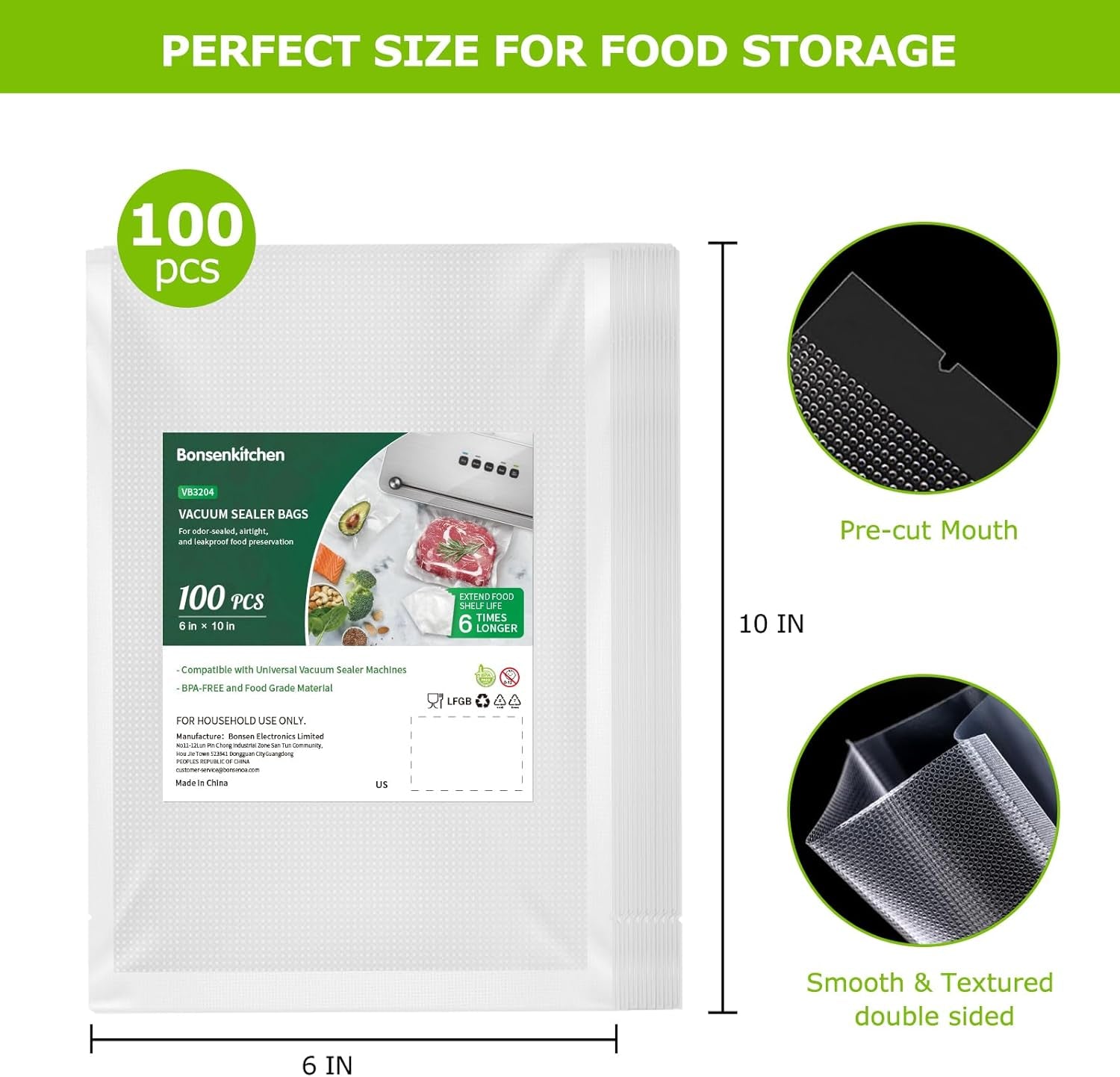 Precut Vacuum Food Sealer Bags 100 Pint 6" X 10", BPA Free, Commercial Grade Textured Food Vacuum Sealer Bag, Thick Embossed Bags for Food Storage and Sous Vide Cooking VB3204