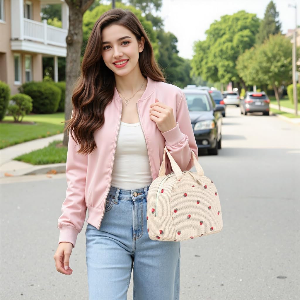 Lunch Bag for Women Men Cute Corduroy Lunch Tote Bags Reusable Insulated Lunch Box Large Capacity Reusable Insulated Cooler for Work Picnic or Travel