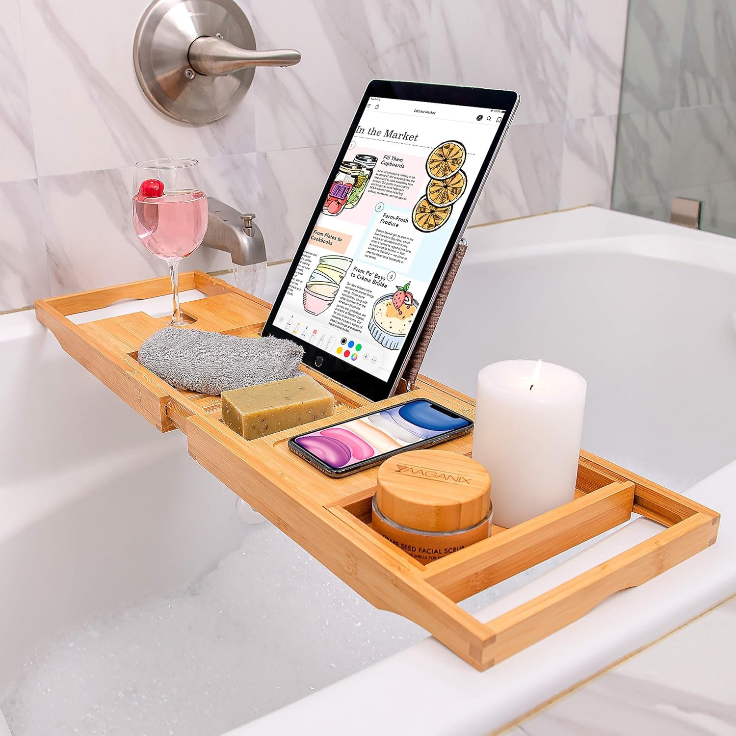 Bamboo Bathtub Tray - Expandable Bathroom Bathtub Table Tray with Reading Rack or Tablet Holder - Bath Tray with Wine Glass Holder, Bathroom Caddy, Fits All Bathtubs (Natural Bamboo)