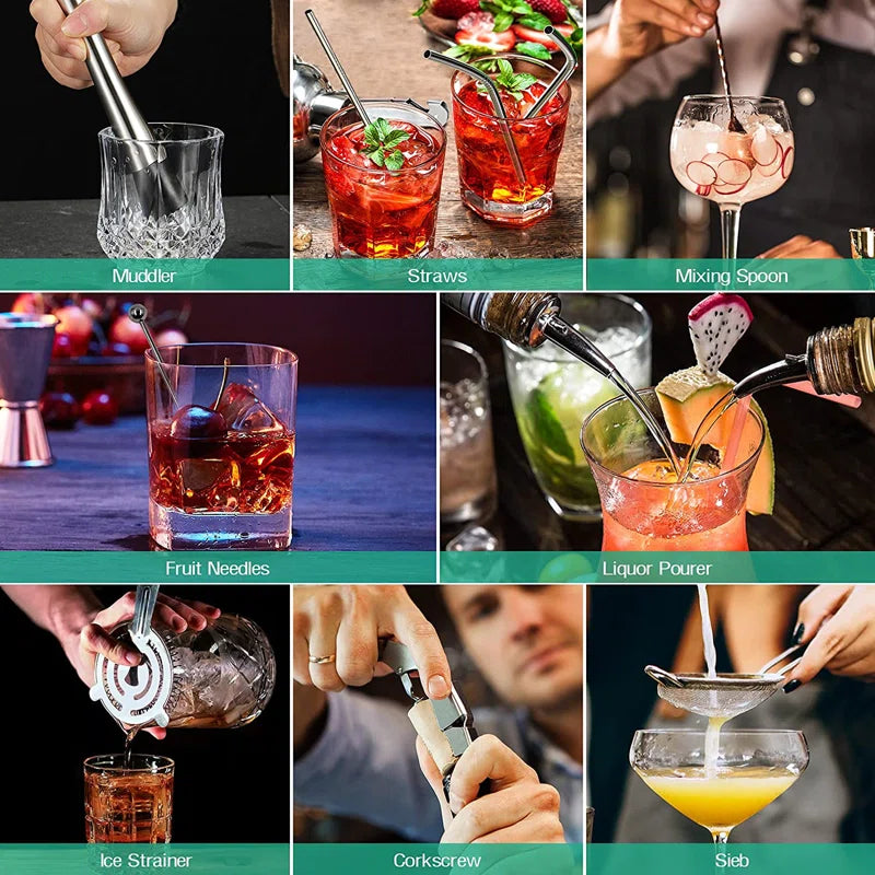 25 Piece Stainless Steel Cocktail Shaker Bar Tool Set with Stand