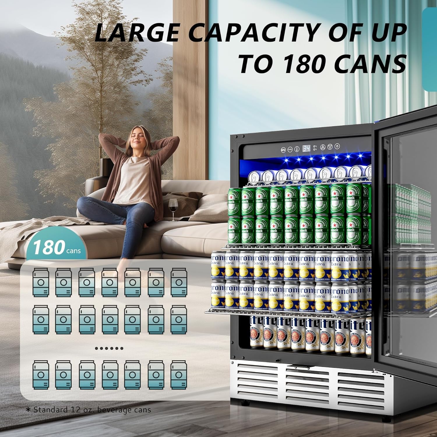 24 Inch Beverage Refrigerator, 180 Can Built-In Beverage Cooler, under Counter Beer Fridge with Glass Door for Soda, Water, Wine - for Kitchen, Bar or Office