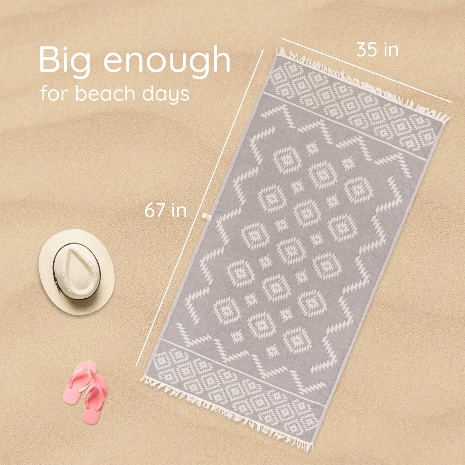 Premium Turkish Beach Towel – 35"X67" Lightweight Quick Dry Towel – 100% Cotton Sand-Free Turkish Towels – Ocean Light Grey