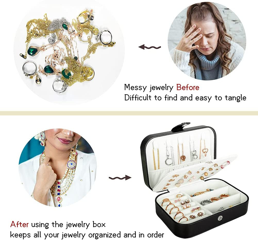 Travel Jewelry Box, PU Leather Small Jewelry Organizer for Women Girls, Double Layer Portable Mini Travel Case Display Storage Holder Boxes for Stud Earrings, Rings, Necklaces, Bracelets - Black