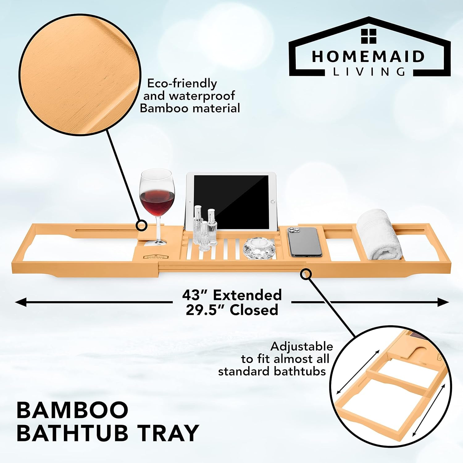 Bamboo Bathtub Tray - Expandable Bathroom Bathtub Table Tray with Reading Rack or Tablet Holder - Bath Tray with Wine Glass Holder, Bathroom Caddy, Fits All Bathtubs (Natural Bamboo)