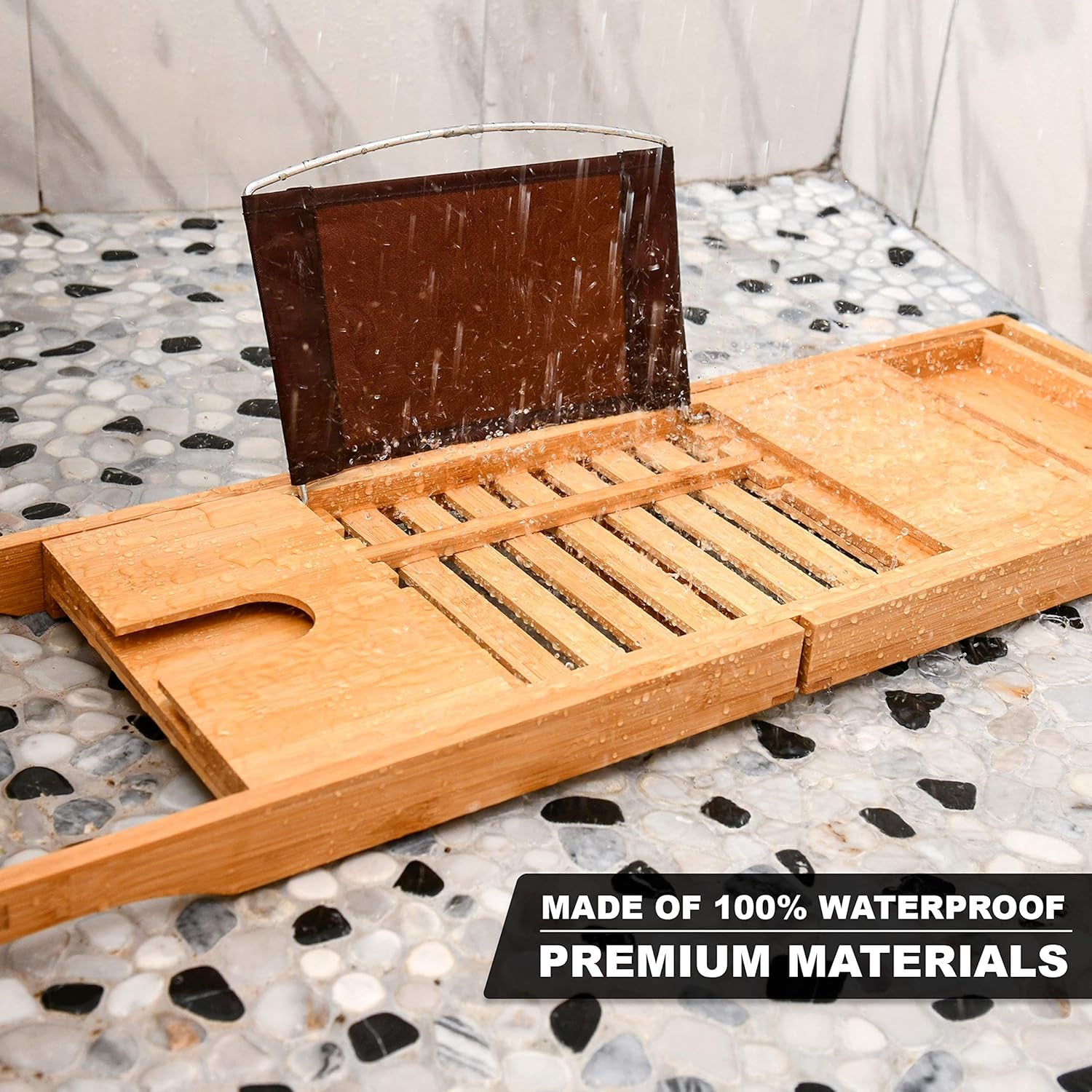 Bamboo Bathtub Tray - Expandable Bathroom Bathtub Table Tray with Reading Rack or Tablet Holder - Bath Tray with Wine Glass Holder, Bathroom Caddy, Fits All Bathtubs (Natural Bamboo)