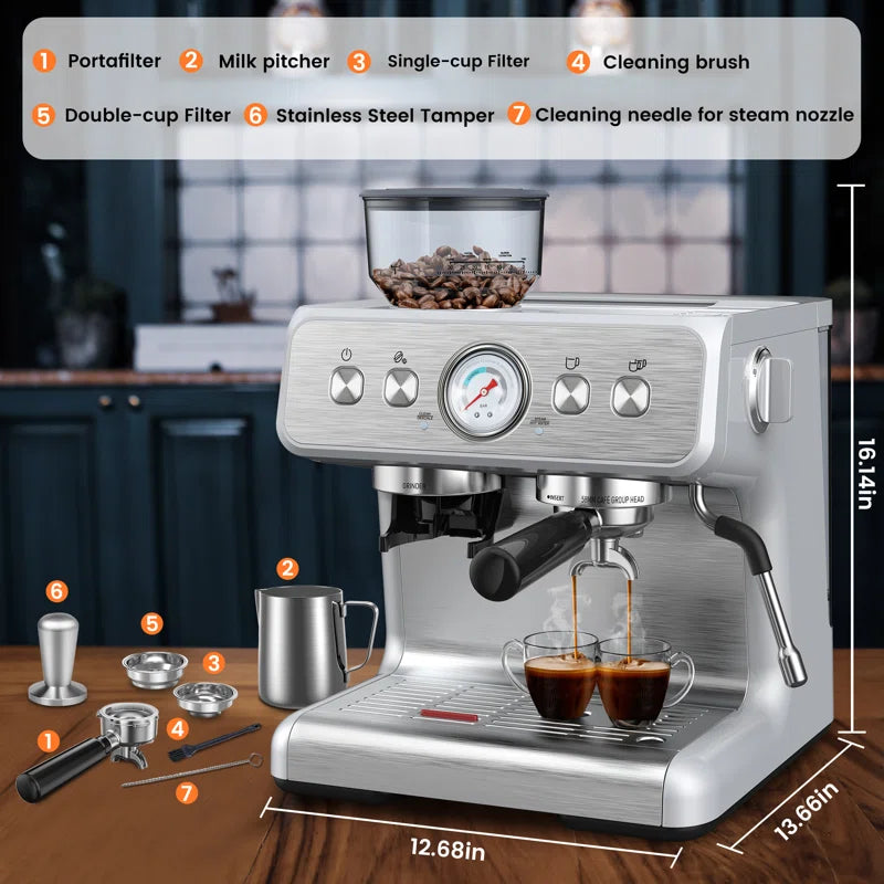 Elite Espresso Machines with Milk Frother Steam Wand, Coffee Grinder & Self-Cleaning