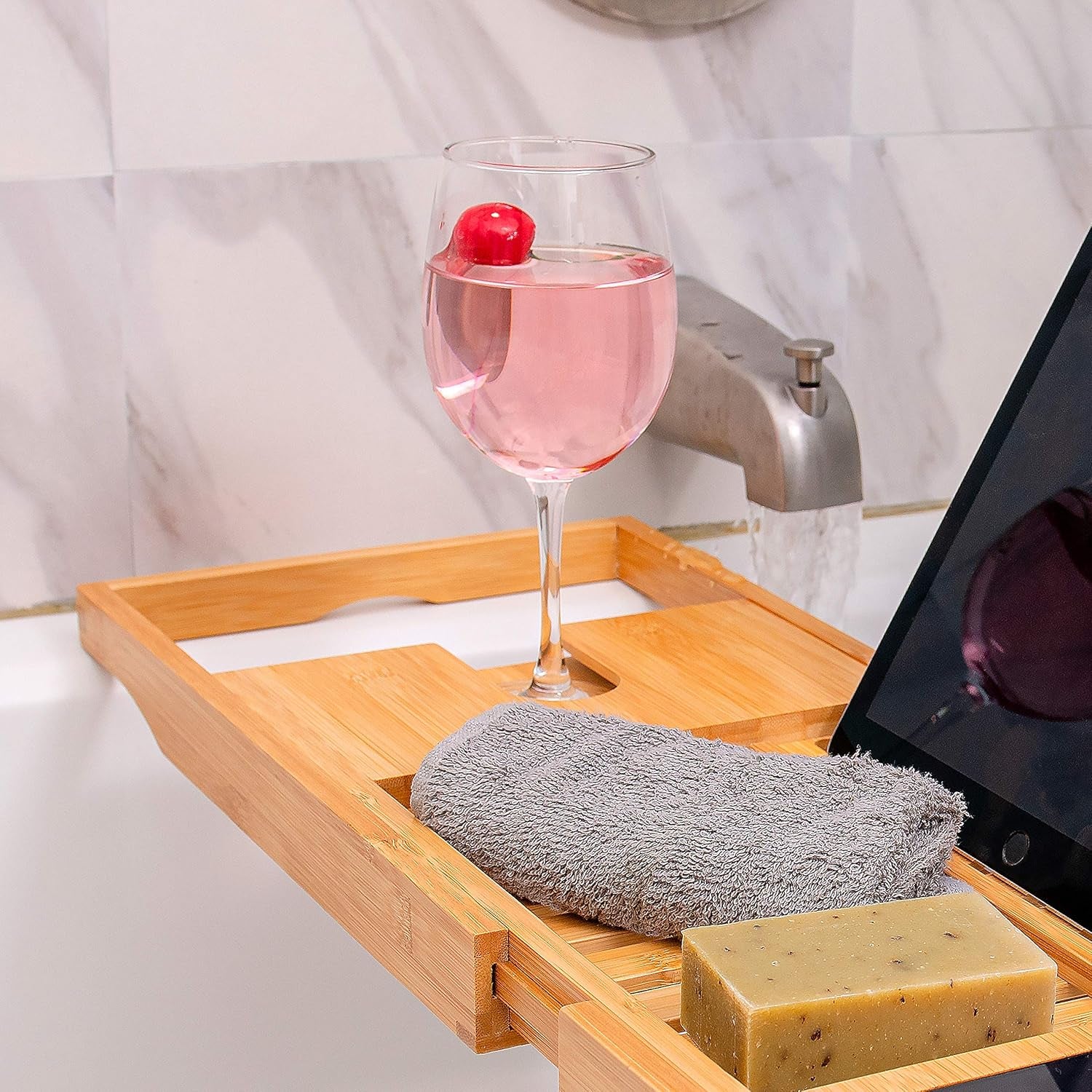 Bamboo Bathtub Tray - Expandable Bathroom Bathtub Table Tray with Reading Rack or Tablet Holder - Bath Tray with Wine Glass Holder, Bathroom Caddy, Fits All Bathtubs (Natural Bamboo)