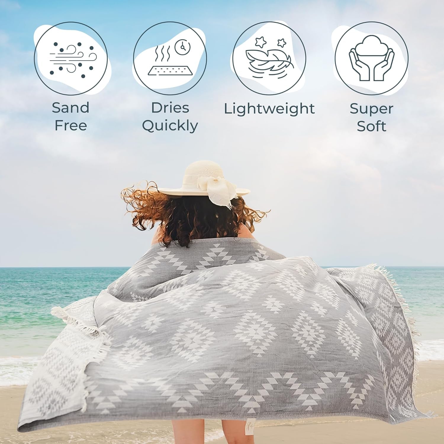 Premium Turkish Beach Towel – 35"X67" Lightweight Quick Dry Towel – 100% Cotton Sand-Free Turkish Towels – Ocean Light Grey