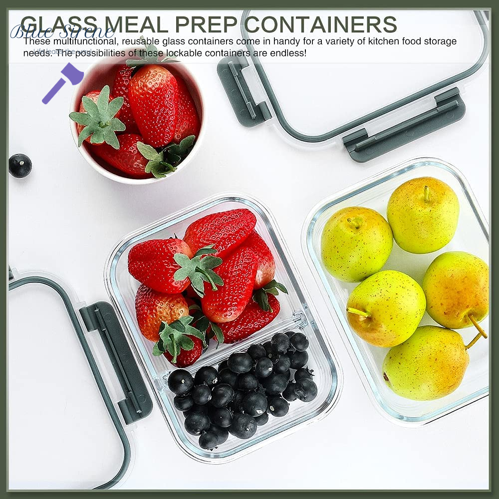 KOMUEE 10 Packs 30 Oz Glass Meal Prep Containers,Glass Food Storage Containers with Lids,Airtight Lunch Bento Boxes,Microwave,Freezer and Dishwasher,Gray