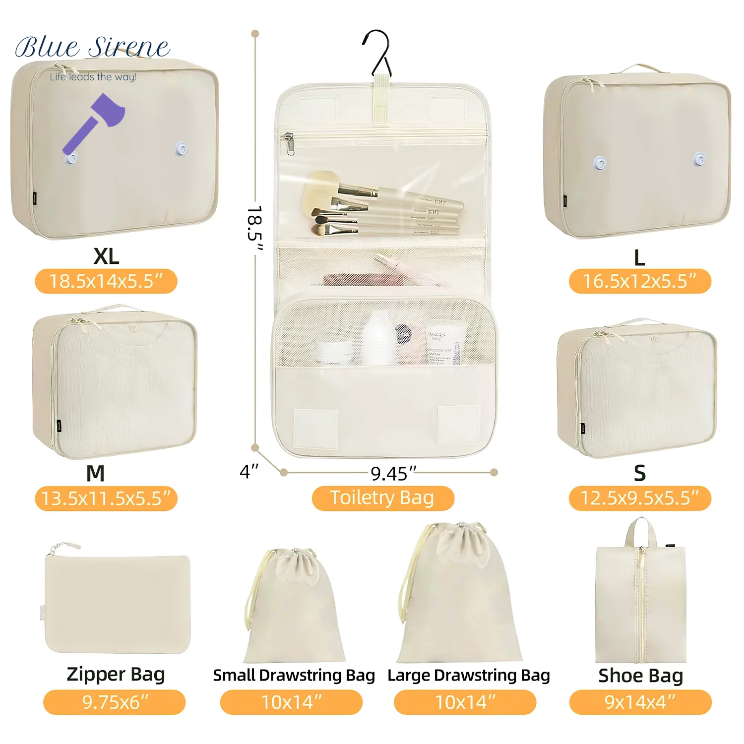 Packing Cubes 9 Set, Travel Packing Organizers with Large Toiletries Bag for Clothes Shoes, Beige