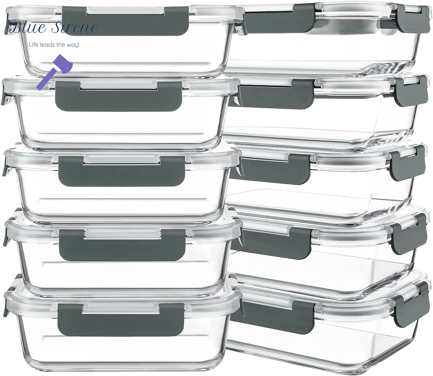 KOMUEE 10 Packs 30 Oz Glass Meal Prep Containers,Glass Food Storage Containers with Lids,Airtight Lunch Bento Boxes,Microwave,Freezer and Dishwasher,Gray