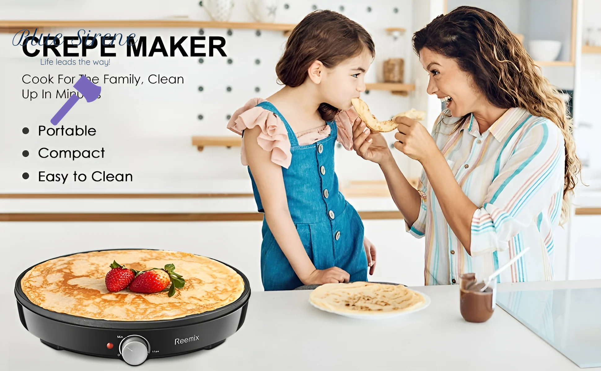 Crepe Maker Machine, Reemix Nonstick 12” Electric Griddle, Compact Pancake Griddle Precise Temperature Control, Batter Spreader for Eggs, Pancakes, Includes Spatula, Spreader（Black）
