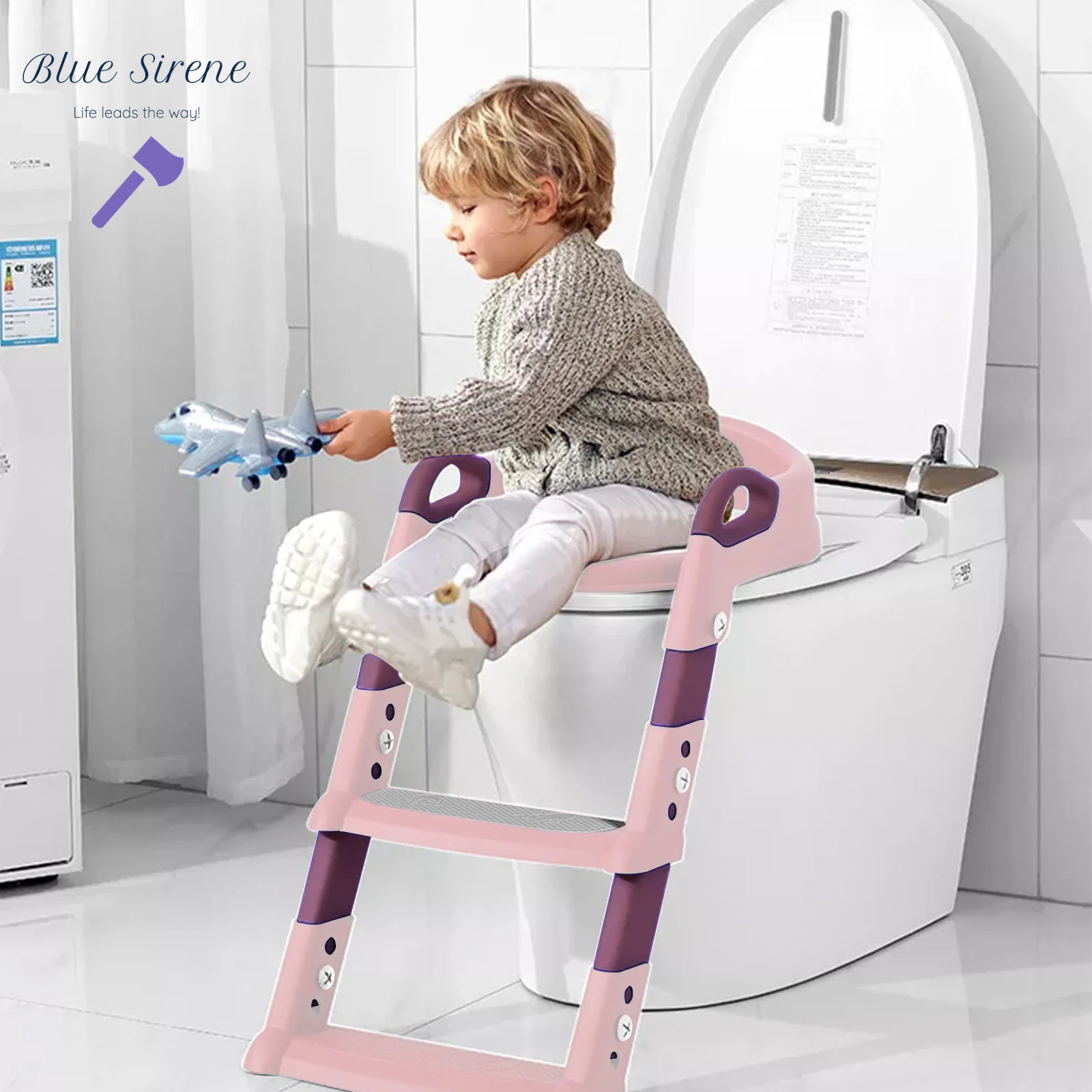 Potty Training Seat with Step Stool Ladder, Foldable Training Seat with Handles, Height Adjustable for Toddlers (Gray)