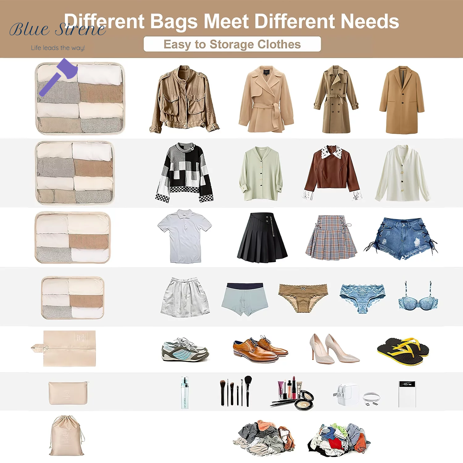 Packing Cubes 9 Set, Travel Packing Organizers with Large Toiletries Bag for Clothes Shoes, Beige